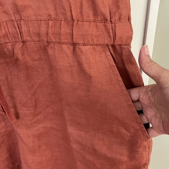 Lou & Grey 100% Linen Short Sleeve Romper Button Up Tie Cinch Waist Terracotta L - Picture 5 of 13